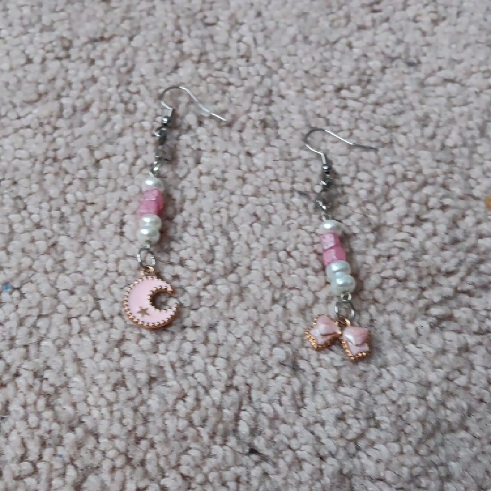 Pink Beaded Moon and Bow Earrings